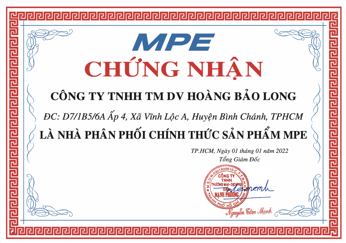 Chứng nhận đại lý Đèn Led MPE - Hoàng Bảo Long