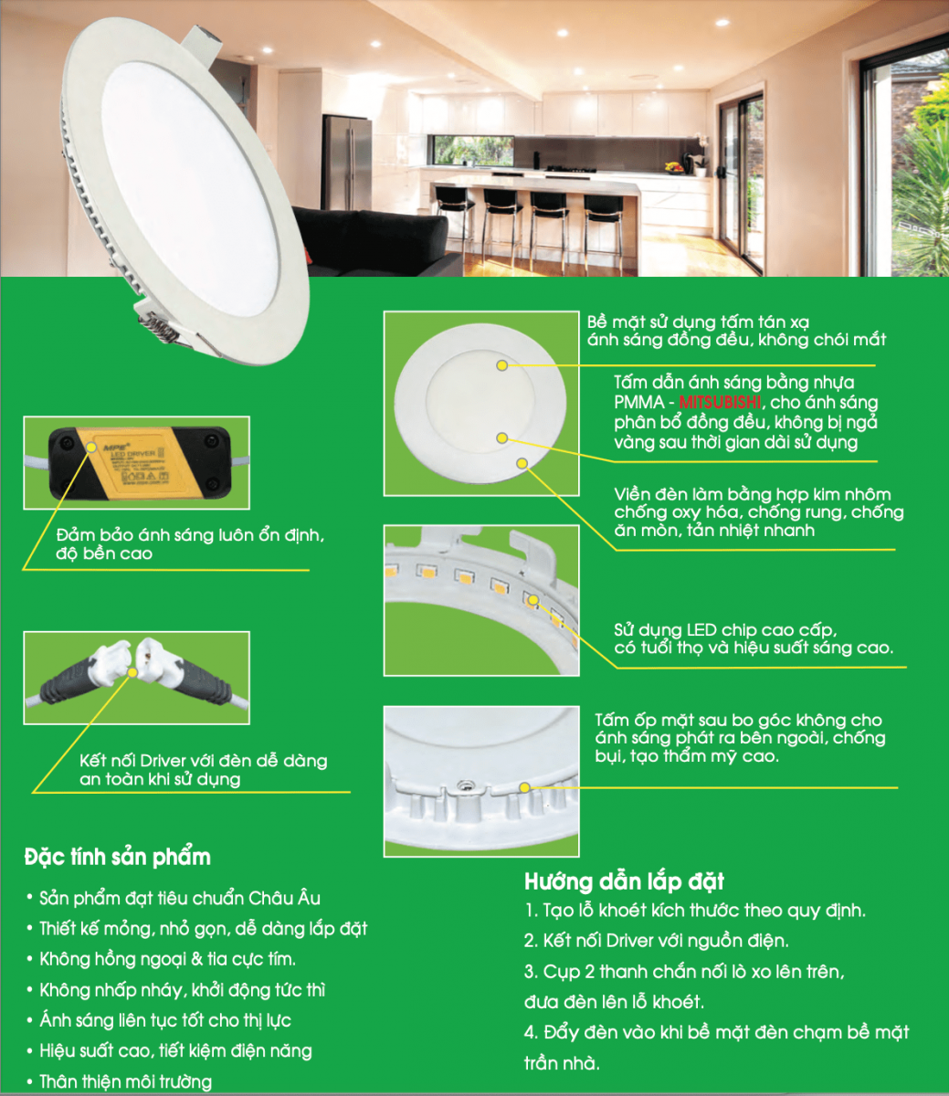 Đèn led âm trần 9W mpe RPL-9 Đặc tính kỹ thuật đèn âm trần MPE
