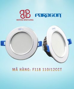 Đèn LED âm trần Paragon 12W F118 110/12CCT, tản nhiệt dày, đổi 3 màu, khoét lỗ Ø110mm.