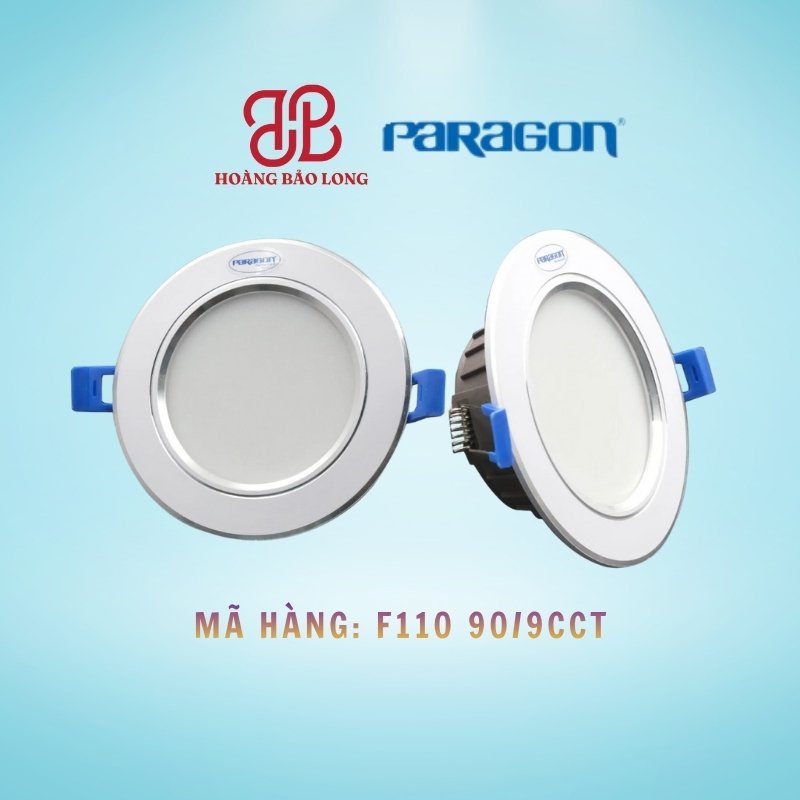 ĐÈN ÂM TRẦN 9W PARAGON F110 90/9CCT Đèn LED âm trần Paragon 9W F110 90/9CCT, tản nhiệt dày, đổi 3 màu, khoét lỗ Ø90mm.